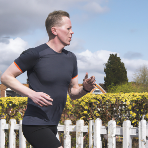 a professional appealing image of a caucasian man or woman jogging on a sunny day