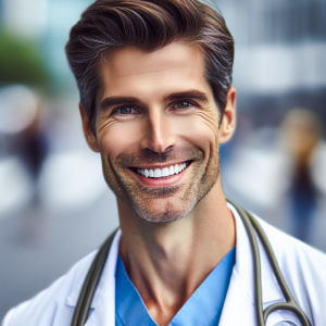 a photo realistic professionally appealing image of a good looking and athletic 35 to 45 year old happy smiling male white doctor with white teeth 154 300x300