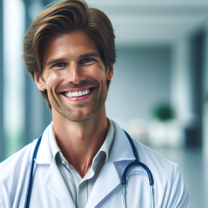 a photo realistic professionally appealing image of a good looking and athletic 35 to 45 year old happy smiling male white doctor with white teeth 159 300x300