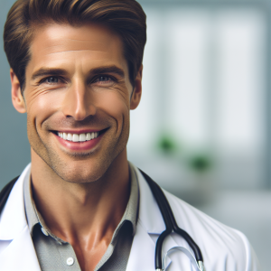 a photo realistic professionally appealing image of a good looking and athletic 35 to 45 year old happy smiling male white doctor with white teeth 290 300x300