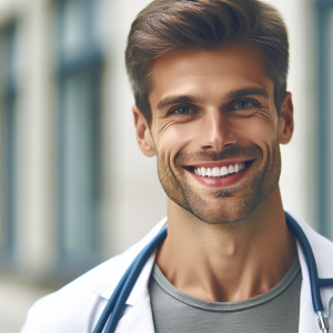 a photo realistic professionally appealing image of a good looking and athletic 35 to 45 year old happy smiling male white doctor with white teeth