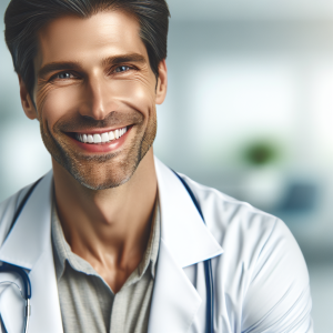 a photo realistic professionally appealing image of a good looking and athletic 35 to 45 year old happy smiling male white doctor with white teeth 372 300x300