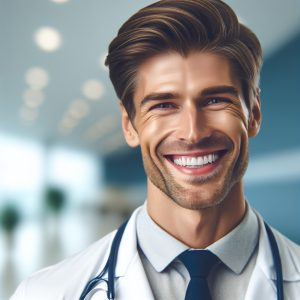 a photo realistic professionally appealing image of a good looking and athletic 35 to 45 year old happy smiling male white doctor with white teeth 397 300x300