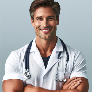 a photo realistic professionally appealing image of a good looking and athletic 35 to 45 year old happy smiling male white doctor with white teeth 480 300x300