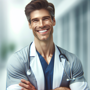 a photo realistic professionally appealing image of a good looking and athletic 35 to 45 year old happy smiling male white doctor with white teeth