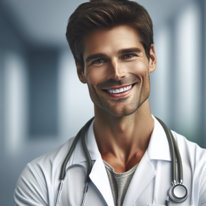 a photo realistic professionally appealing image of a good looking and athletic 35 to 45 year old happy smiling male white doctor with white teeth 530 300x300