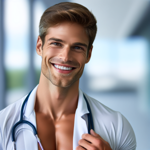 a photo realistic professionally appealing image of a good looking and athletic 35 to 45 year old happy smiling male white doctor with white teeth 588 300x300