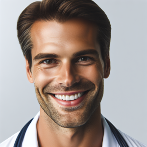 a photo realistic professionally appealing image of a good looking and athletic 35 to 45 year old happy smiling male white doctor with white teeth 604 300x300