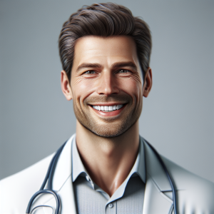 a photo realistic professionally appealing image of a good looking and athletic 35 to 45 year old happy smiling male white doctor with white teeth 708 300x300