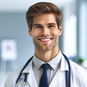 a photo realistic professionally appealing image of a good looking and athletic 35 to 45 year old happy smiling male white doctor with white teeth 743 300x300