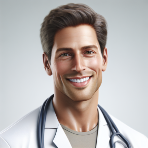 a photo realistic professionally appealing image of a good looking and athletic 35 to 45 year old happy smiling male white doctor with white teeth 961 300x300