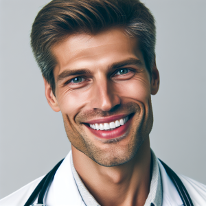 a photo realistic professionally appealing image of a good looking and athletic 35 to 45 year old happy smiling male white doctor with white teeth 990 300x300