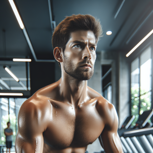 a photo realistic professionally appealing image of a good looking and athletic white man exercising in a gym