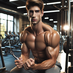 a photo realistic professionally appealing image of a good looking and athletic white man exercising in a gym 185 300x300