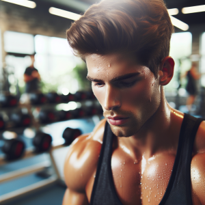 a photo realistic professionally appealing image of a good looking and athletic white man exercising in a gym 358 300x300