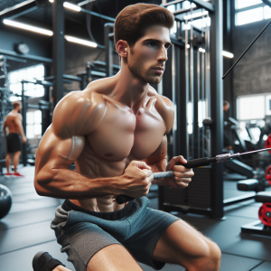 a photo realistic professionally appealing image of a good looking and athletic white man exercising in a gym 387 300x300