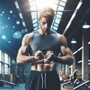 a photo realistic professionally appealing image of a good looking and athletic white man exercising in a gym 457 300x300