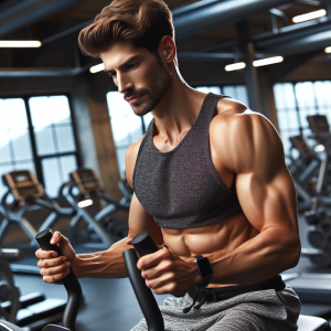 a photo realistic professionally appealing image of a good looking and athletic white man exercising in a gym 461 300x300