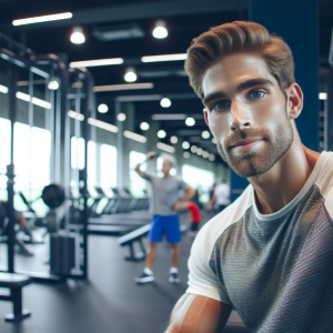 a photo realistic professionally appealing image of a good looking and athletic white man exercising in a gym