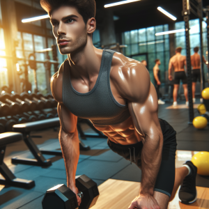 a photo realistic professionally appealing image of a good looking and athletic white man exercising in a gym 664 300x300