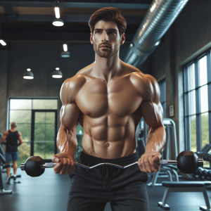 a photo realistic professionally appealing image of a good looking and athletic white man exercising in a gym