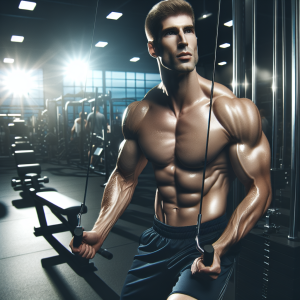 a photo realistic professionally appealing image of a good looking and athletic white man exercising in a gym