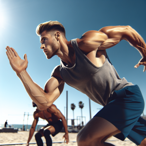 a photo realistic professionally appealing image of a good looking and athletic white man exercising or playing sports outside on a sunny day 210 300x300