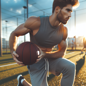 a photo realistic professionally appealing image of a good looking and athletic white man exercising or playing sports outside on a sunny day 267 300x300