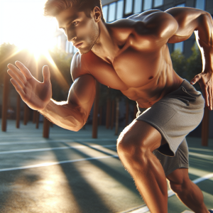 a photo realistic professionally appealing image of a good looking and athletic white man exercising or playing sports outside on a sunny day 431 300x300