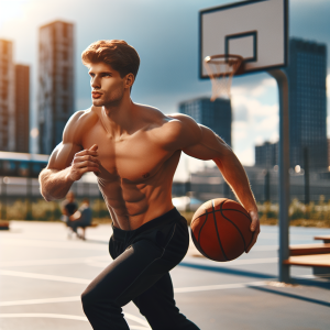 a photo realistic professionally appealing image of a good looking and athletic white man exercising or playing sports outside on a sunny day 722 300x300