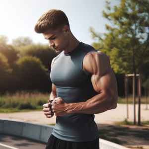 a photo realistic professionally appealing image of a good looking and athletic white man exercising or playing sports outside on a sunny day