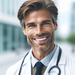 a photorealistic professional appealing image of a good looking and atheletic 35 to 45 year old happy smiling male caucasian doctor with white teeth