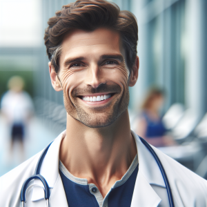 a photorealistic professional appealing image of a good looking and athletic 35 to 45 year old happy smiling male caucasian doctor with white teeth 249 300x300