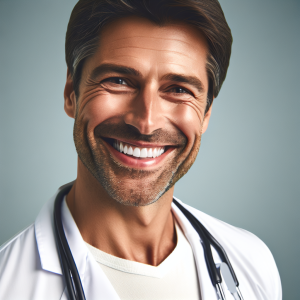 a photorealistic professional appealing image of a good looking and athletic 35 to 45 year old happy smiling male caucasian doctor with white teeth 338 300x300