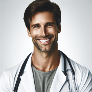 a photorealistic professional appealing image of a good looking and athletic 35 to 45 year old happy smiling male caucasian doctor with white teeth 583 300x300