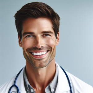 a photorealistic professional appealing image of a good looking and athletic 35 to 45 year old happy smiling male caucasian doctor with white teeth