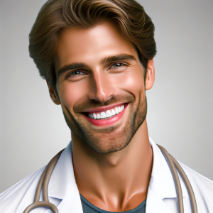 a photorealistic professional appealing image of a good looking and athletic 35 to 45 year old happy smiling male caucasian doctor with white teeth 991 300x300