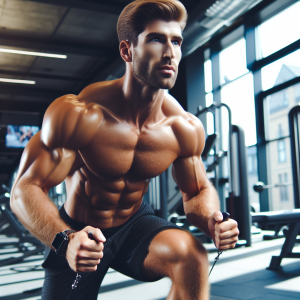 a photorealistic professional appealing image of a good looking and athletic caucasian man exercising in a gym