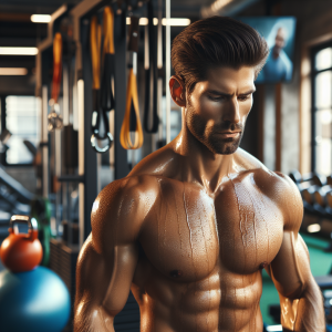 a photorealistic professional appealing image of a good looking and athletic caucasian man exercising in a gym 321 300x300