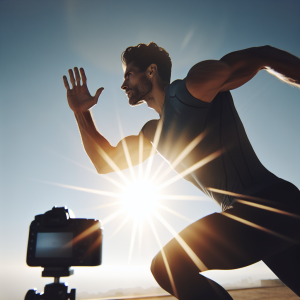 a photorealistic professional appealing image of a good looking and athletic caucasian man exercising or playing sports outside on a sunny day