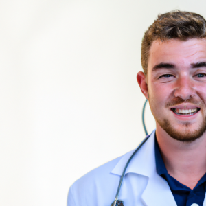 a professional and visually appealing image of a young happy smiling caucasian doctor with white teeth