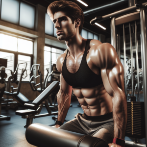 a professional appealing good looking and atheletic image of a caucasian man exercising in a gym