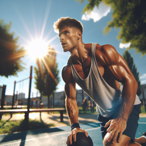 a professional appealing good looking and atheletic image of a caucasian man exercising or playing sports outside on a sunny day